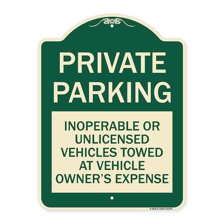 Signmission Private Parking Inoperable or Unlicensed Vehicles Towed at Vehicle Owners Expense, G-1824-23256 A-DES-G-1824-23256